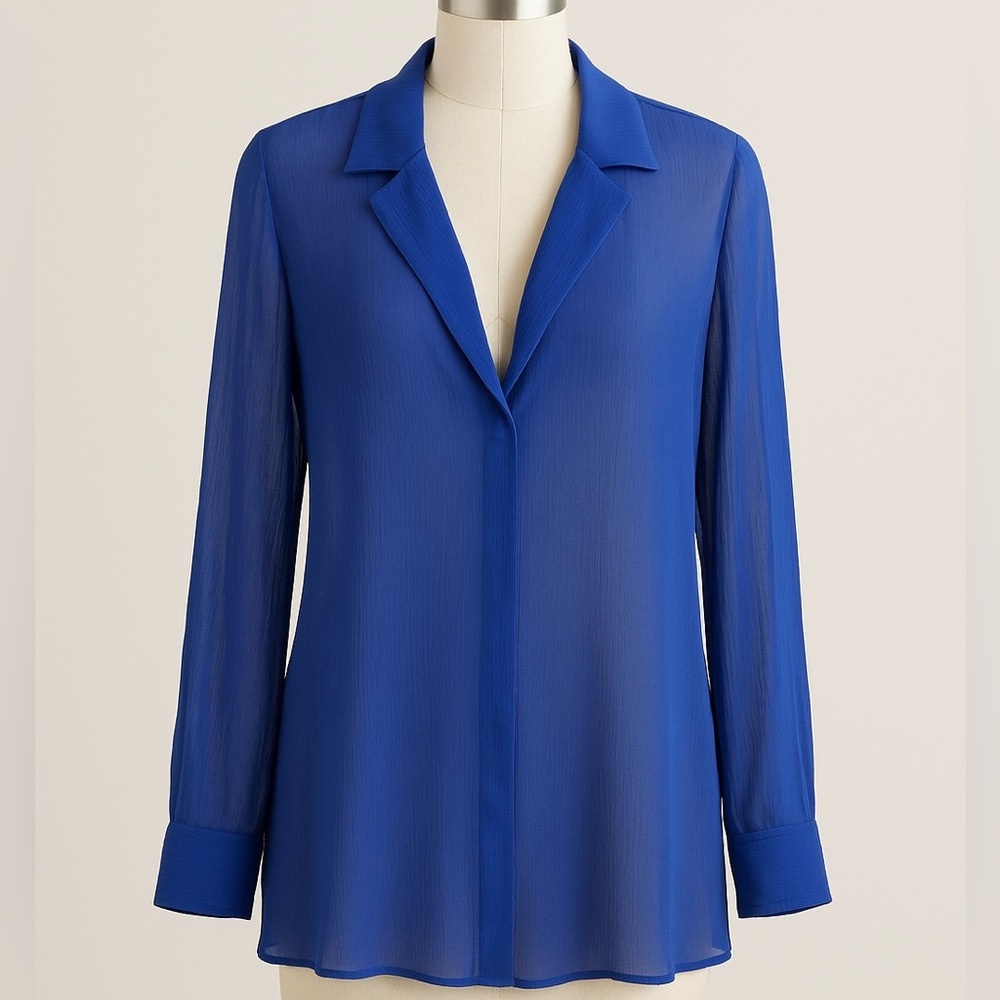 Soft Surroundings Women’s PL 100% Silk Sheer Blouse Top Royal Blue Long Sleeve